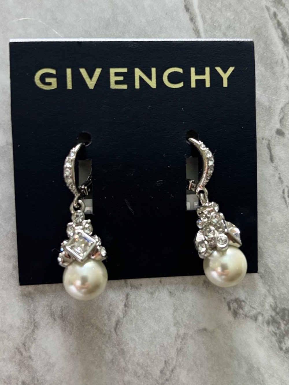 NWT Givenchy Silver-Tone Pearl Drop Earrings with Clear Crystals